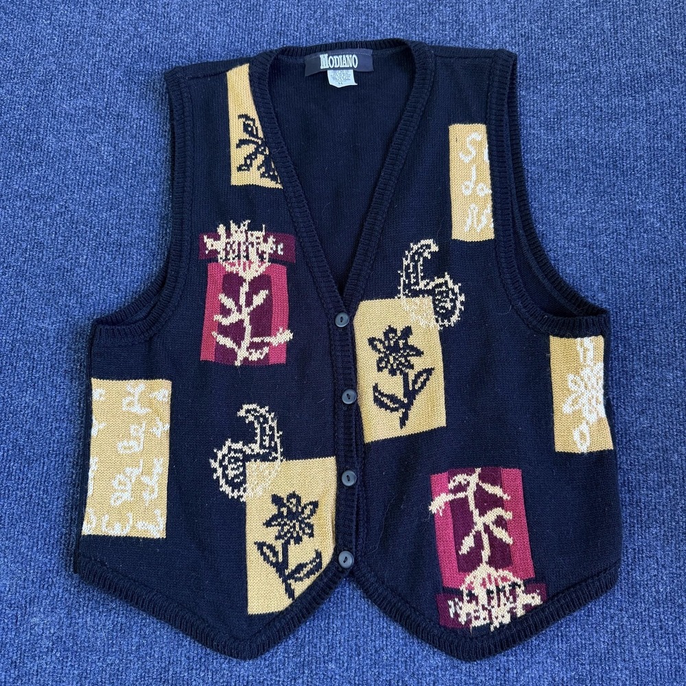 Vintage Modiano Sweater Vest Womens Medium Black Floral Knit Usa Made Colorblock